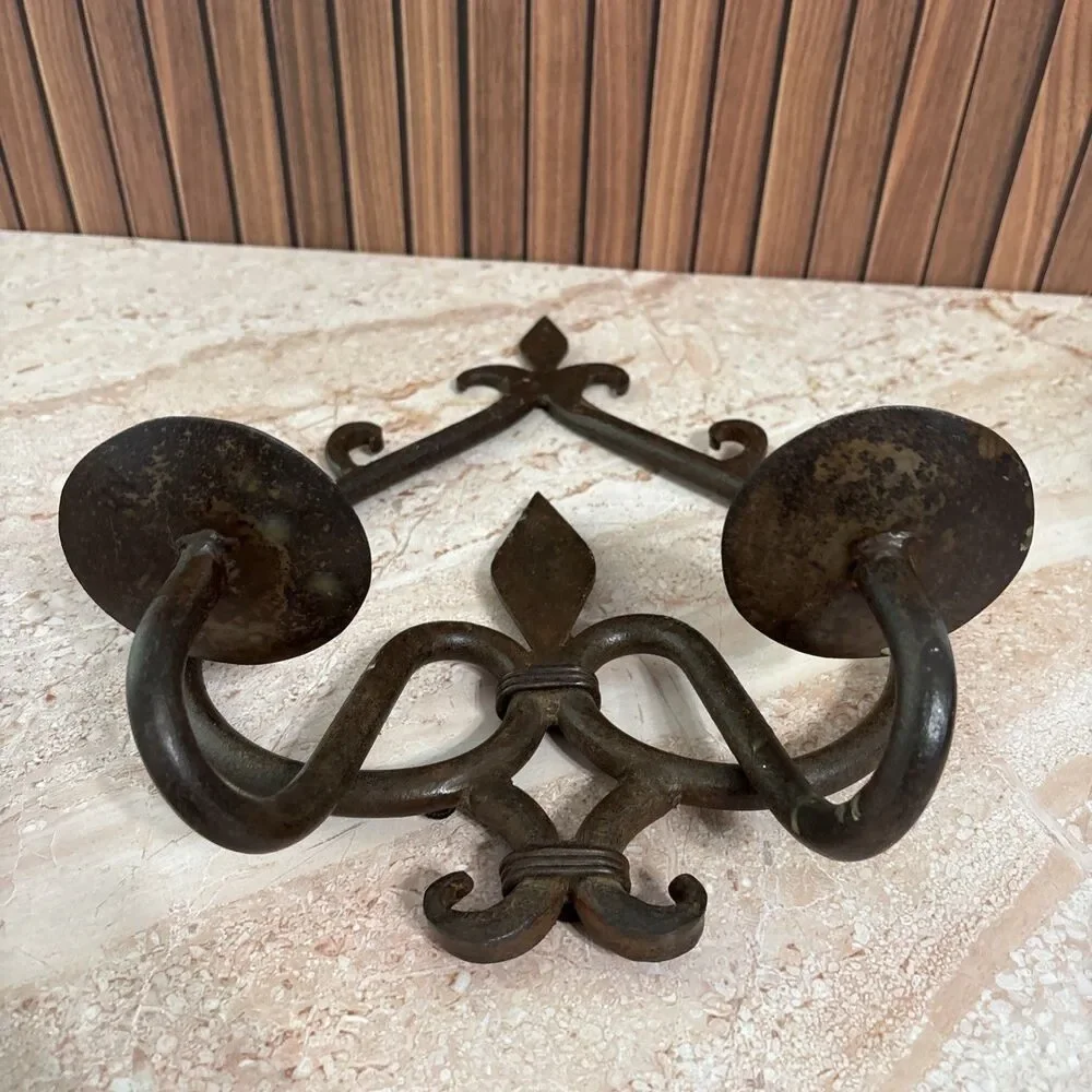 Vintage wrought Iron wall sconce Pillar candle holder gothic rustic decor '60s